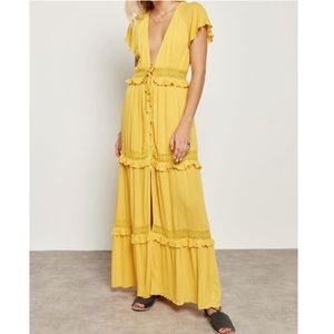 COTTON CANDY yellow deep v neck tiered maxi dress